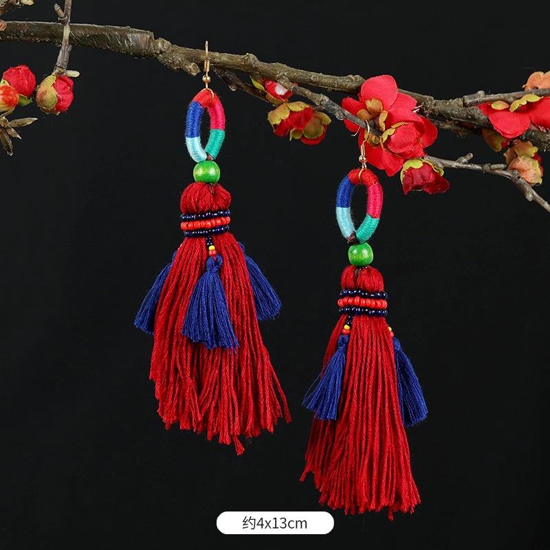 Retro Contrasting Pom-pom Earrings, Exaggerated Personality, Bohemian Vacation Long Fringed Temperament Earrings for Women