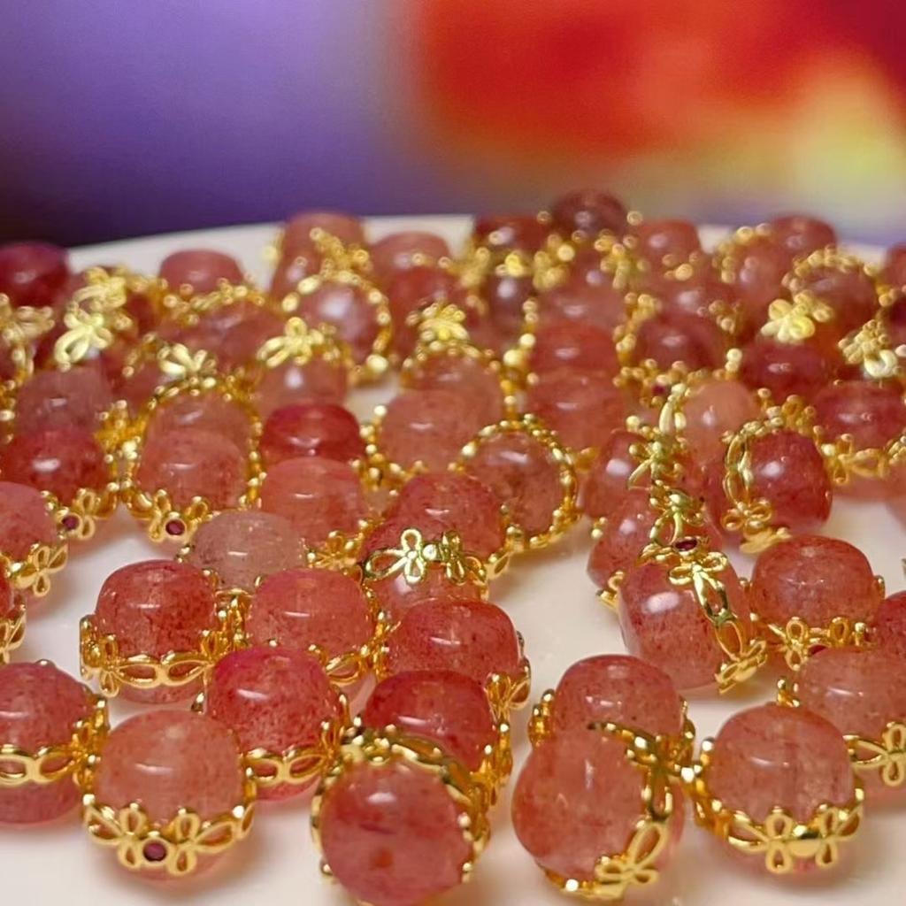 1Pc, Aura Healing Crystal Beads with Golden Accents, Boho Cylindrical Beads, Natural Strawberry Quartz Loose Beads for Jewelry Making DIY Crafts 9×9mm