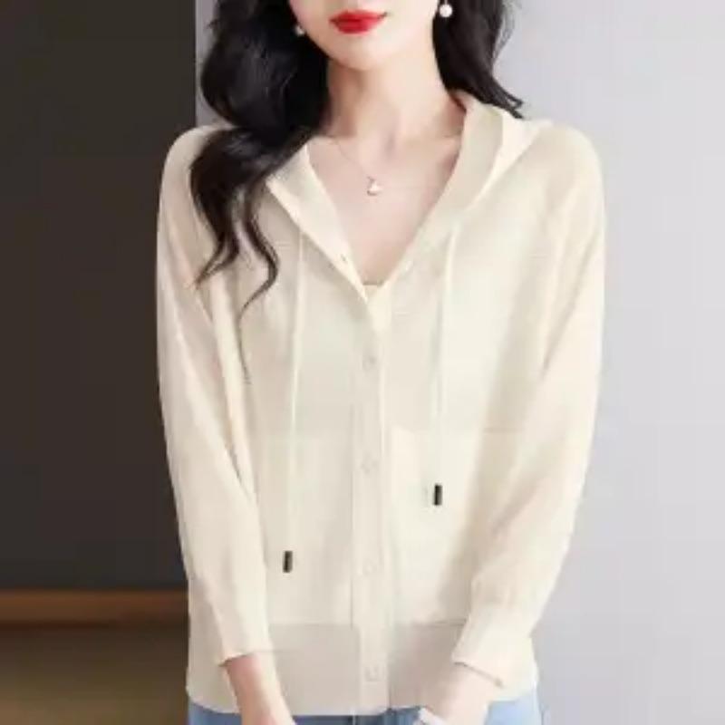Ice Silk Knitwear Hooded Cardigan Jacket Short Loose Bottoming Shirt Thin Women's Autumn Sweatshirt