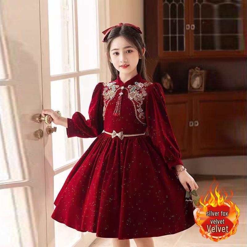 Korean Silver Fox Velvet 410g Girls' Formal Princess Dress - Autumn/Winter New Year's Gown