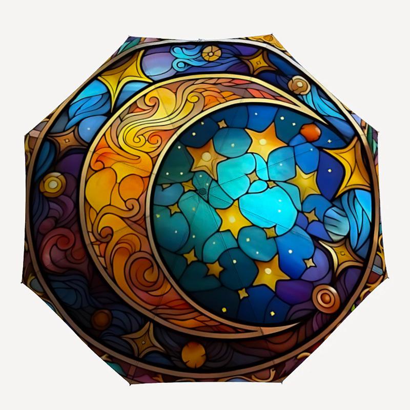 

1pc Stained Glass Celestial Automatic Folding Umbrella - 8-Rib Compact Travel Umbrella Durable & Portable for Outdoor Use, Perfect Gift for Birthdays
