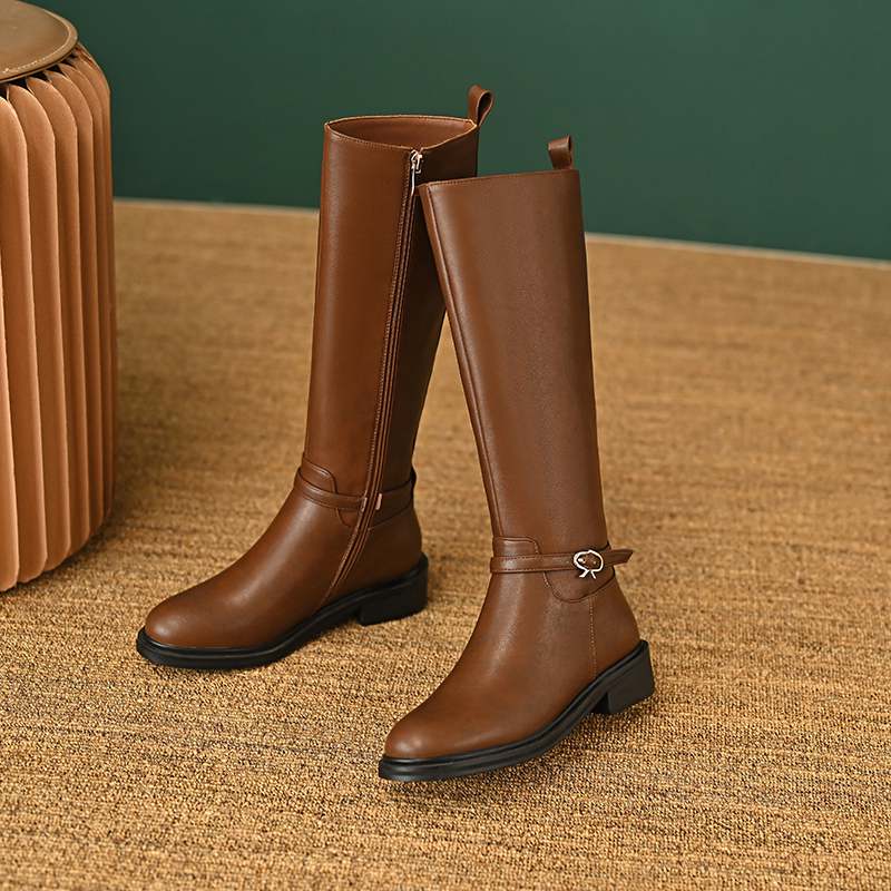 Krazing Pot Piele de vaca Pantofi Toamna Iarna Toc Mediu Gros Marime 45 Marime 44 Piele Incrucisata Femei Mentine Caldura Cizme inalte pe coapsa