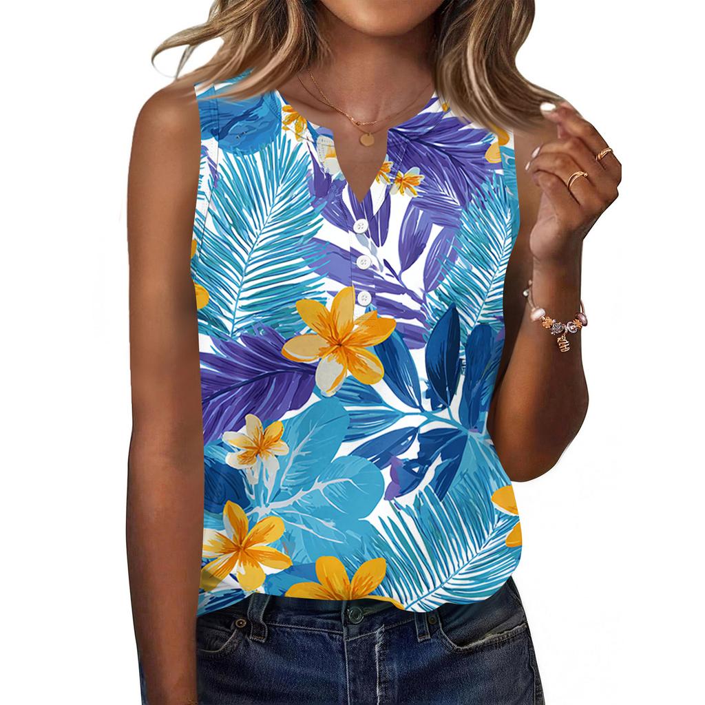 Women's Fashionable Casual Hawaiian Print Sleeveless Button Vest Top