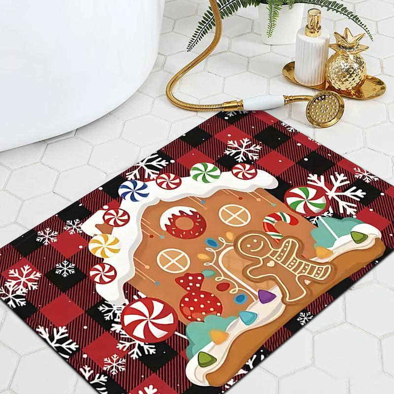Christmas Decoration Carpet Bathroom Anti Slip and Absorbent Floor Mat, Gingerbread Snow House Anti Slip Mat Home Decoration 30x40cm