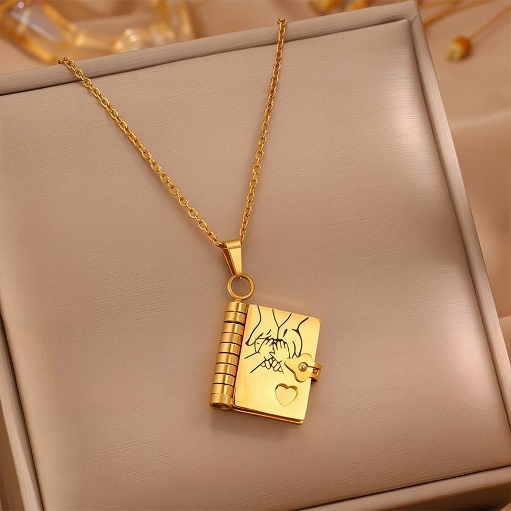 Titanium Steel Book Necklace for Daughter Heart Handmade Opening Book Pendant Stainless Steel Engraved Words Girls Text Locket