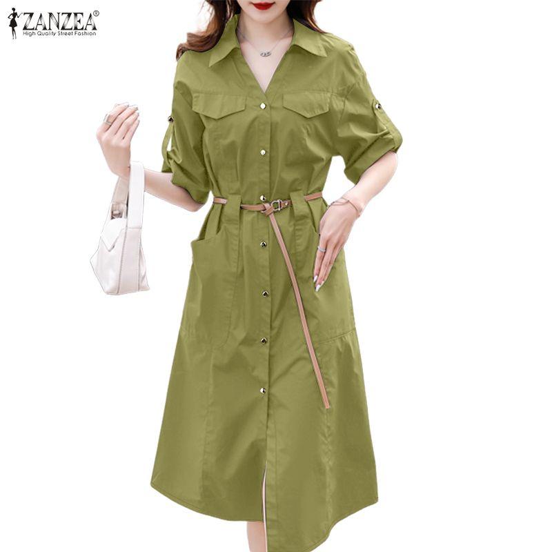 ZANZEA Damen Freizeit Umlegekragen Locker Halbarm Hemdkleid