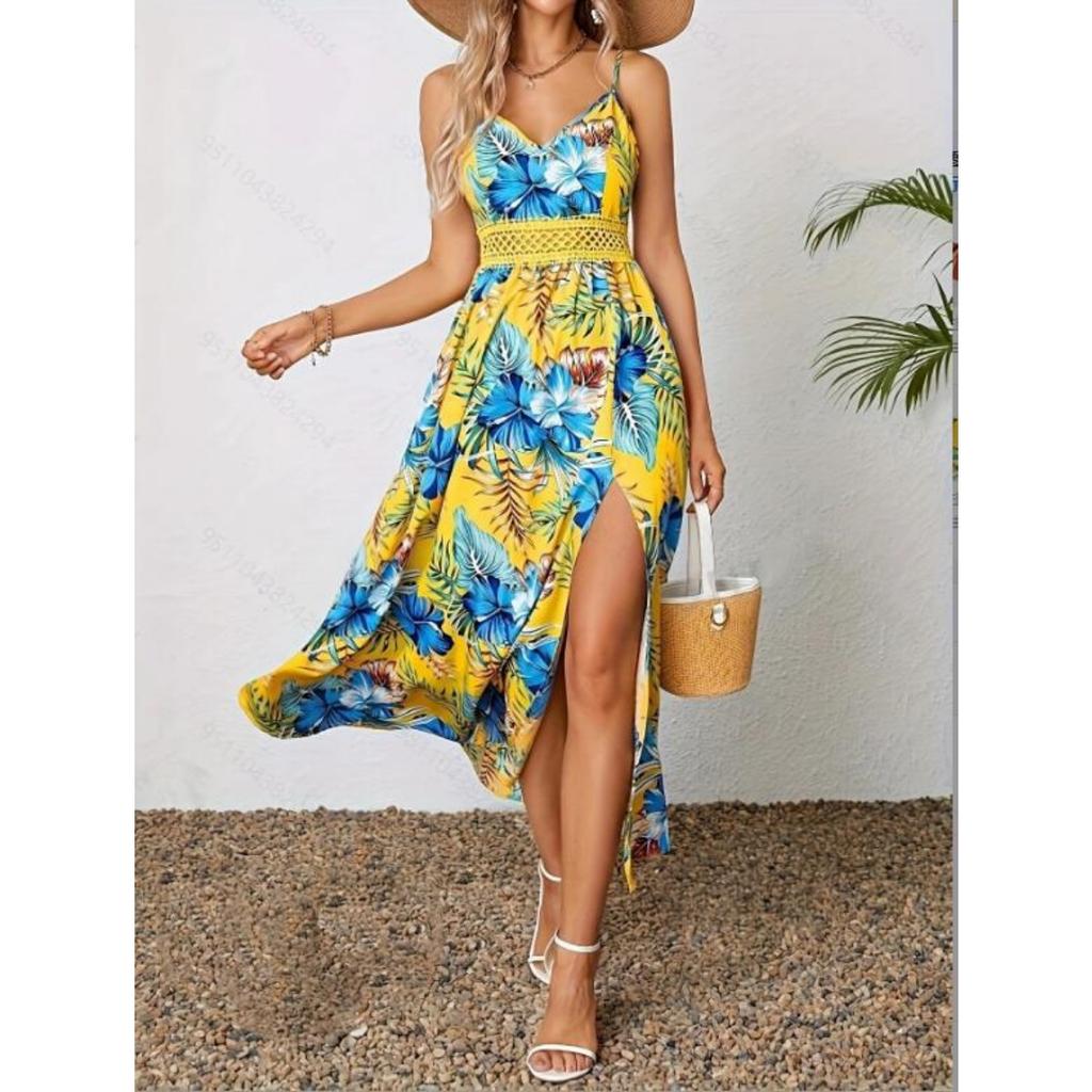 Damenkleid, Bedruckt, Träger-V-Ausschnitt, Häkelstich, Schlitzkleid, Geblümt, Bedrucktes Kleid