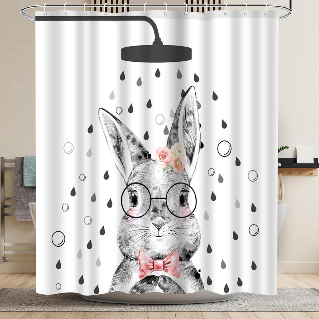 Ostern Duschvorhang Süser Hase Für Badezimmer Minimalistische Skizze Zeichentrickhase Bauernhaus Wasserdicht Set Dekor