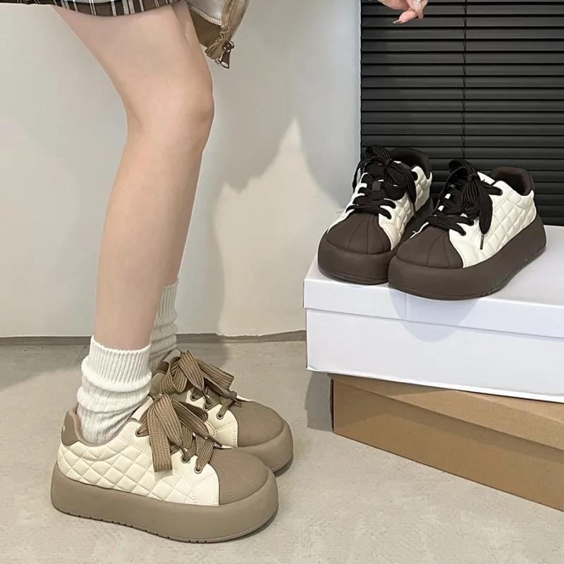 Platform Vulcanized Shoes for Women Lace-up Sneakers for Women Low-top PU Women Jogging Shoes Waterproof Casual Walking Shoes