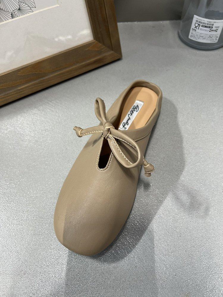 Thick heel half slippers retro evening breeze bow single shoes spring and summer design French women's shoes black loafers