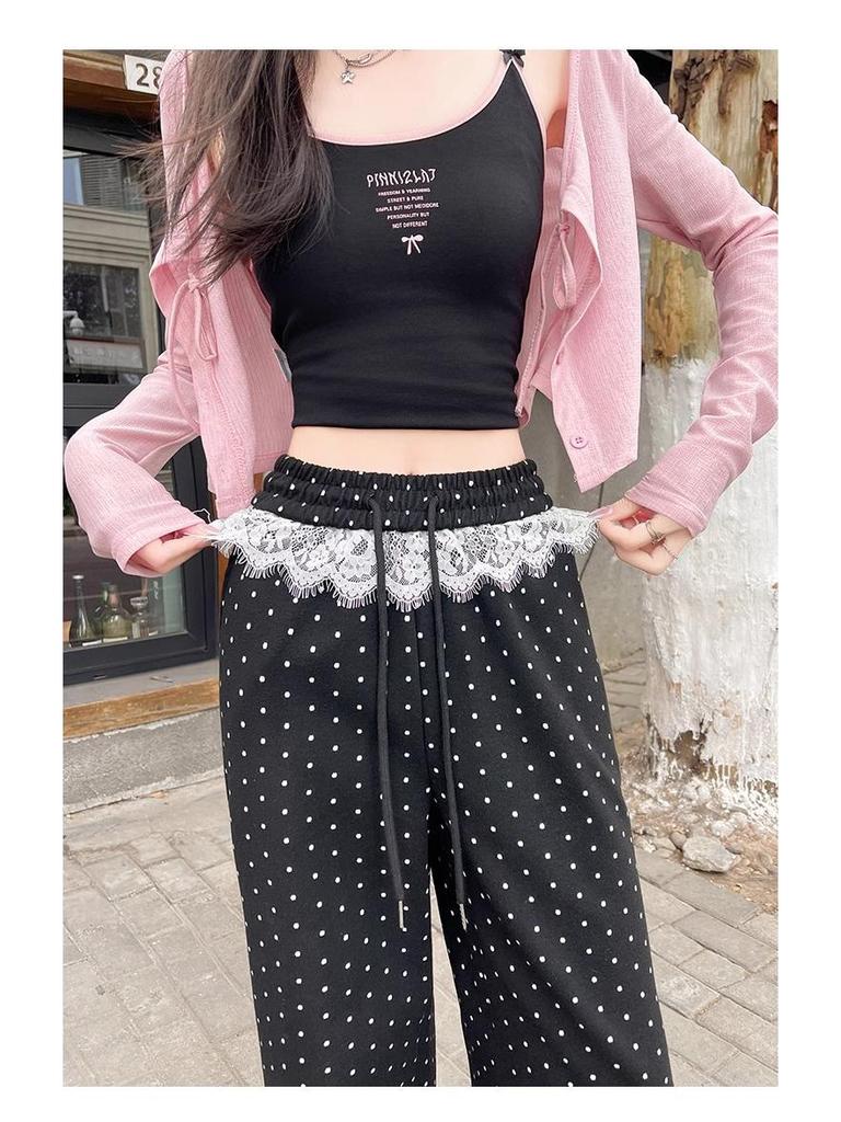 Women's High-Waist Polka Dot Lace Patchwork Wide-Leg Pants - Spring 2025 Collection