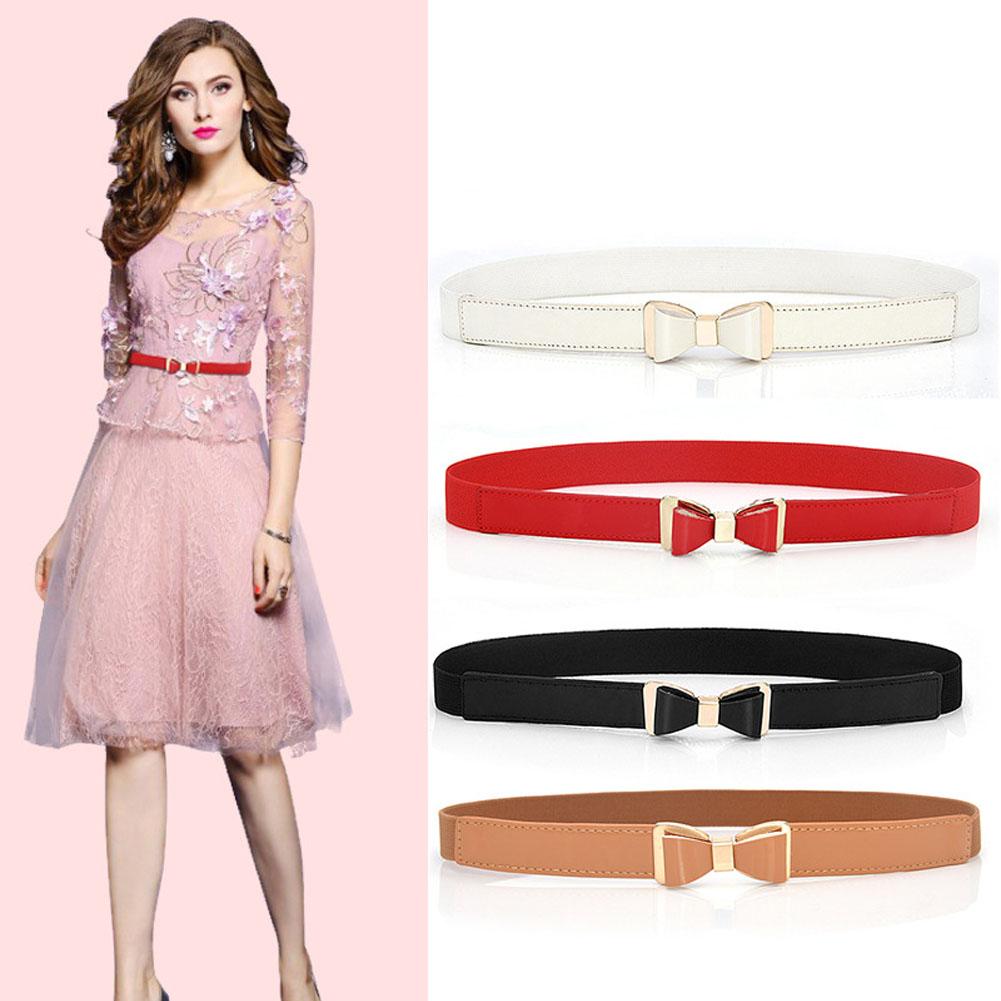 Lady Simple Elastic Thin Waistband Bowknot Interlock Buckle PU Leather Belt Cummerband