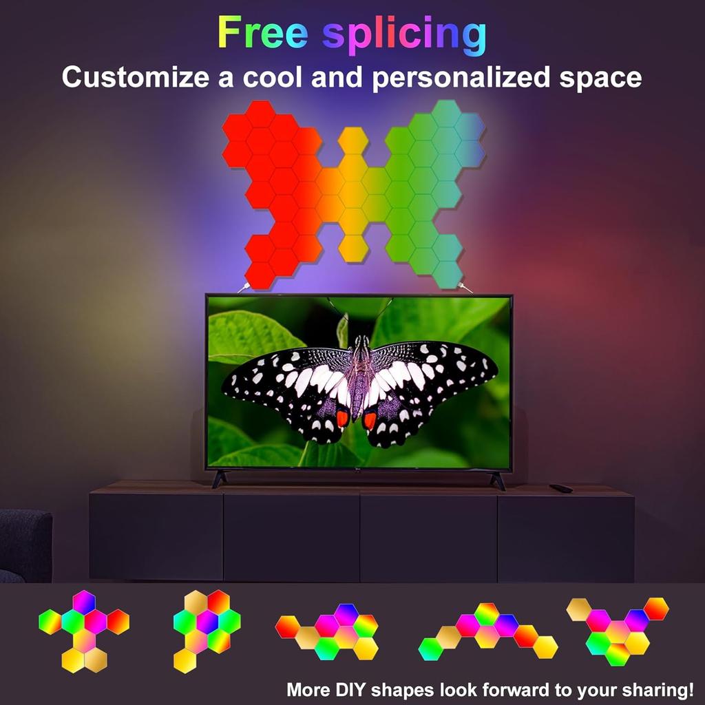 8 Pack Hexagon Lights for Wall LED, Hexagon LED Lights That Sync with Music, APP & Remote Controls Hex Lights, RGB LED Wall Panels for TV, Bedroom,