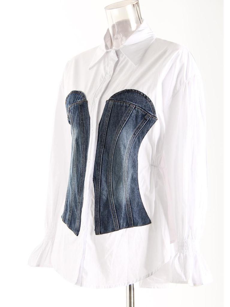 Niche Design Spring 2025 Color Block Patchwork Denim Corset Blouse for Women