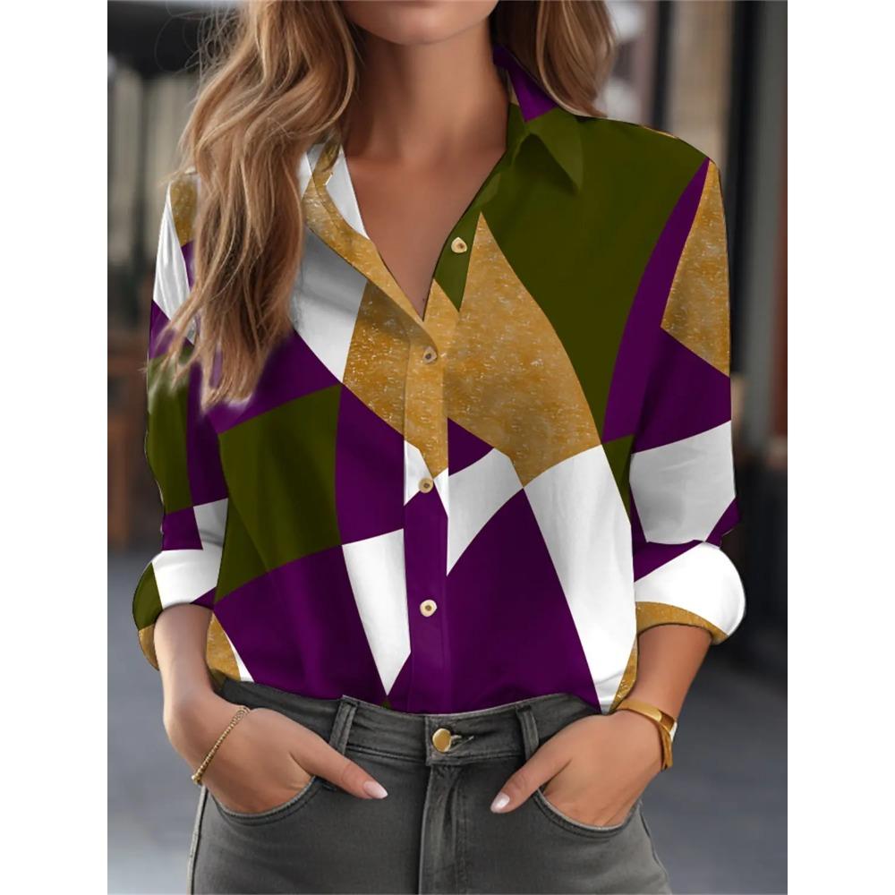 Women's Fashion Geometric Buttons Blouse Lapel Neck Blouse Top Womens Long Sleeve Shirts 2025 New Spring Autumn Female Clothing
