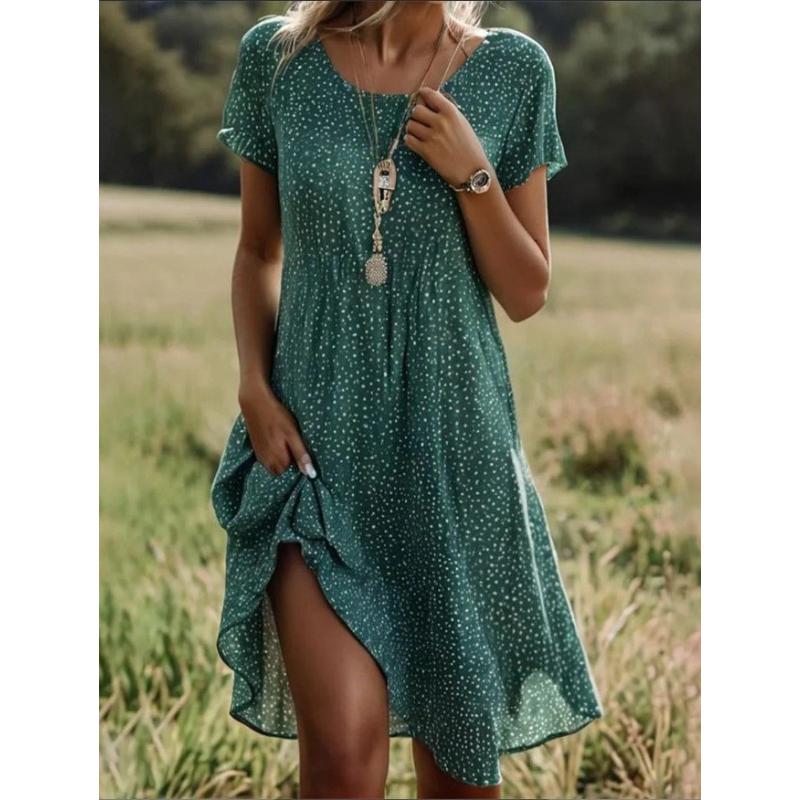 Summer Vintage Bohemian Ethnic Women's Dress - Oversized Round Neck Midi Length Breathable Loose Dress
