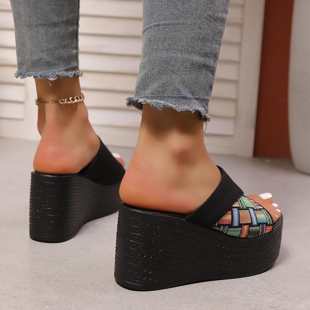 Patchwork Chunky Platform Slippers for Women Fashion Plaid Pattern Wedge Heel Sandals Woman Summer Thick Bottom Beach Sandalias