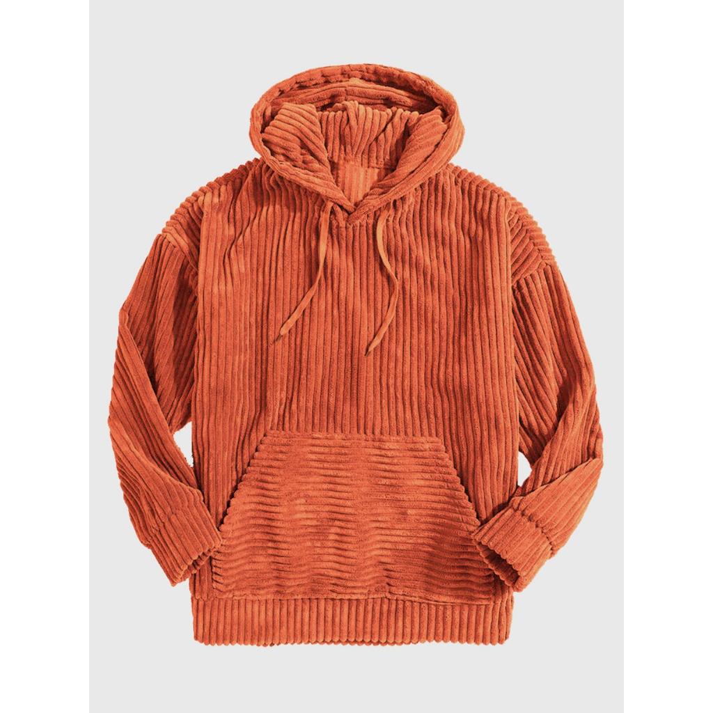 Men's Hoodie with Thick Corduroy Long Sleeves and Solid Color Kangaroo Pockets, Hanging Shoulder Hooded Sweatshirt