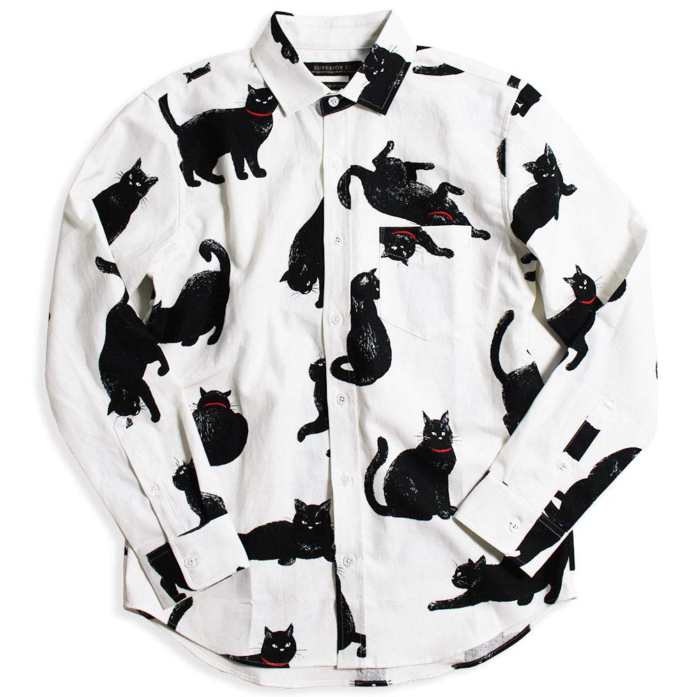 Quintet Black Cat Print Long Sleeve Made in Size White Men's Shirt, Casual, Japan, XL, (Product Code 01-78737)