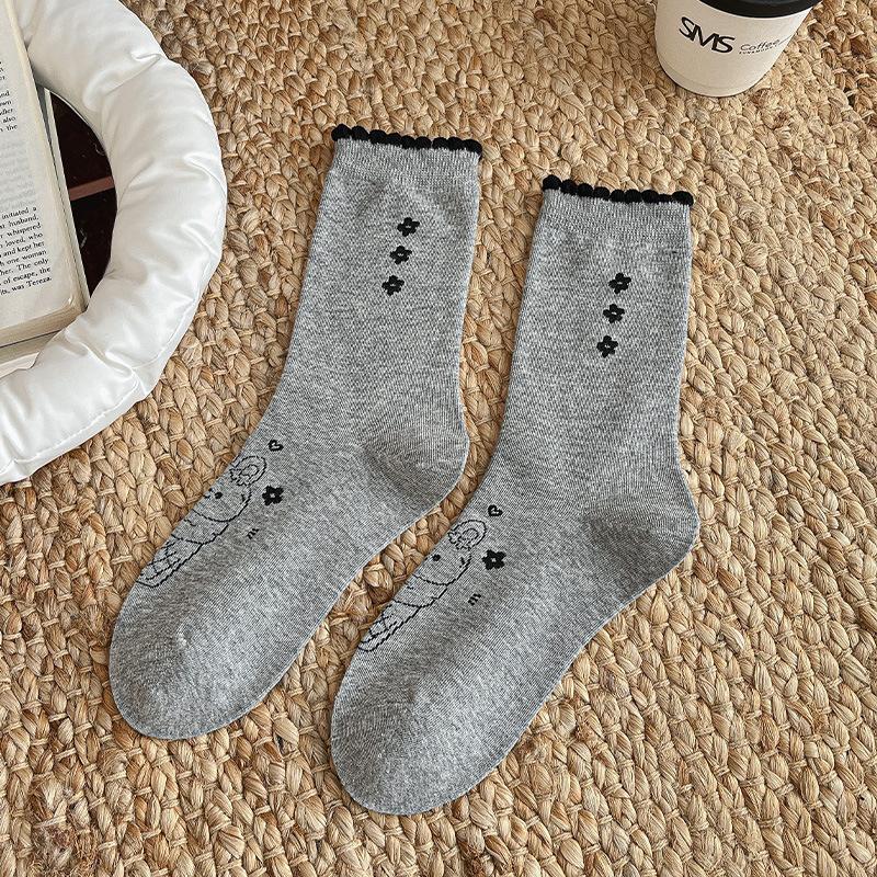 Socks Three-Flower Cartoon Rabbit Socks Korean Gray Lace Pile Stocking Socks