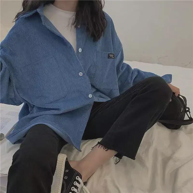 Women's Blue Corduroy Shirt Jacket - Korean Style, Loose Fit, Long Sleeve for Spring & Autumn 2025