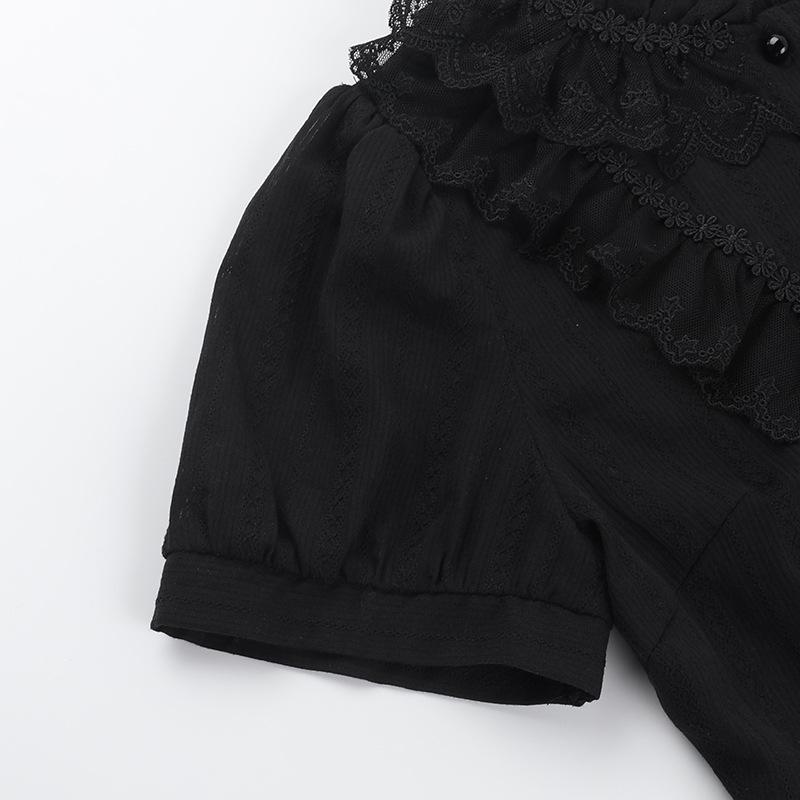 Süße Lolita Baumwollhemden Damen Vintage Gothic Schwarz Weiß Jacquard Kurzarmblusen Elegante Büro Dame Y2k Oberteile