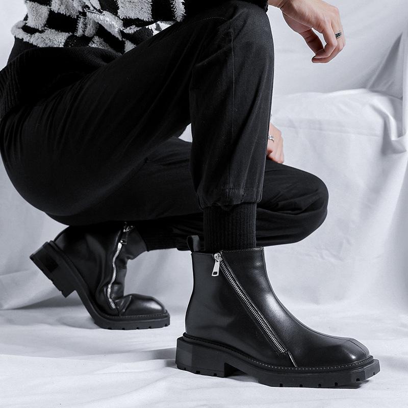 Chelsea Boots Boty z kůže s hranatou špičkou Britský styl Černé kotníkové boty na středním podpatku Dvojitý zip Martensky Trend 4512-R