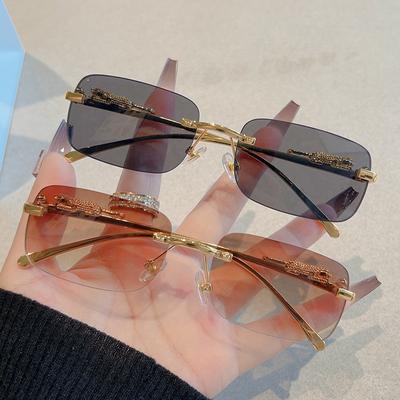 Retro Square Rimless Sunglasses Fashion Women Men Sunglasses Frameless Rectangular Personalized Leopard Head Sun Glasses Uv400