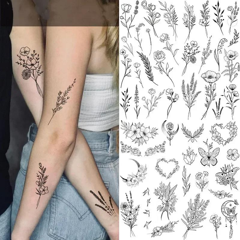 Butterfly Fake Tattoo for Woman Black Flower Tattoo Sketch Tattoo Sticker  Rose Blossom Tattoo Temporary Waterproof