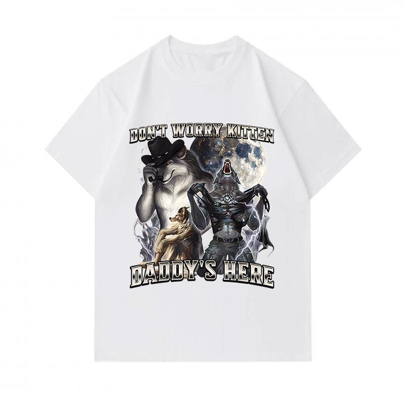 Men's 100% Cotton Crew Neck Short Sleeve T-Shirt, Funny Alpha Wolf Don't Worry Kitten Daddy's Here Graphic Casual Tees, Unique Novelty Werewolf Print
