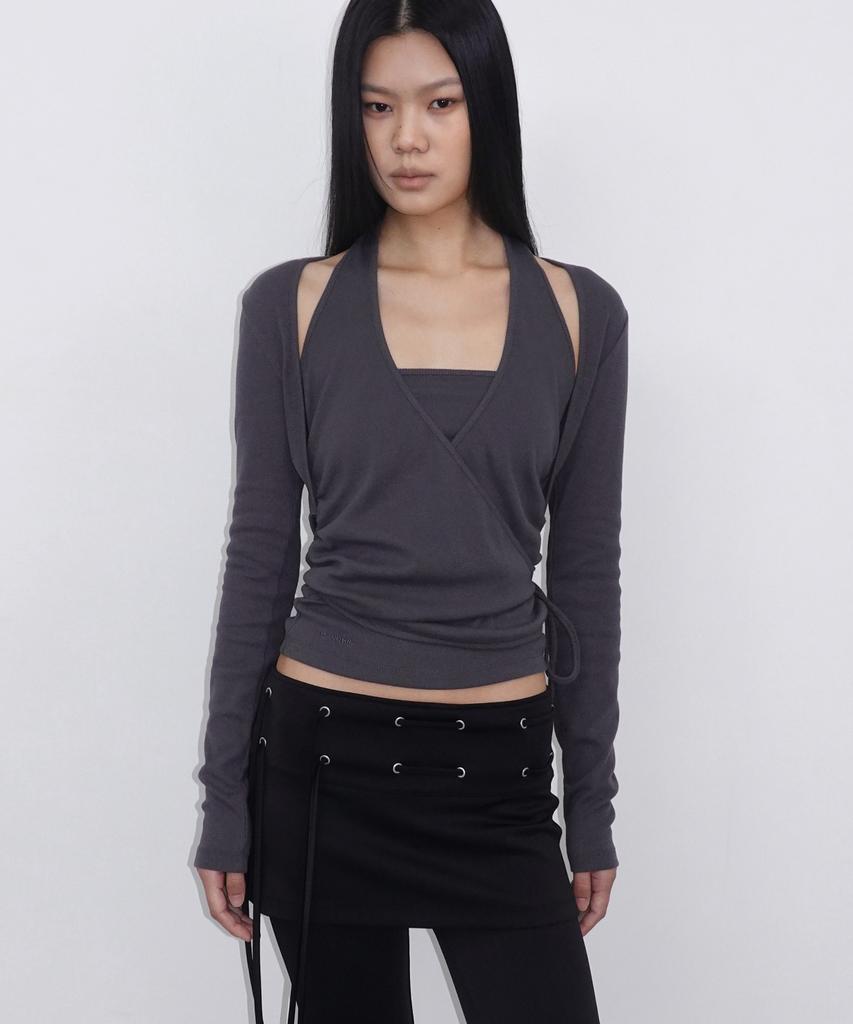 Saendeulig Layered Halter Wrap Long Sleeve_Charcoal