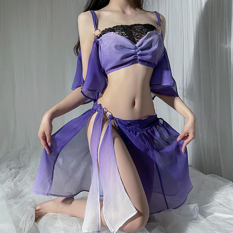 Sexy Hanfu Top Skirt Set Lady Chinese Ancient Traditional Costume Fairy Cosplay Purple Dance See-through Lace Lingerie Dress New