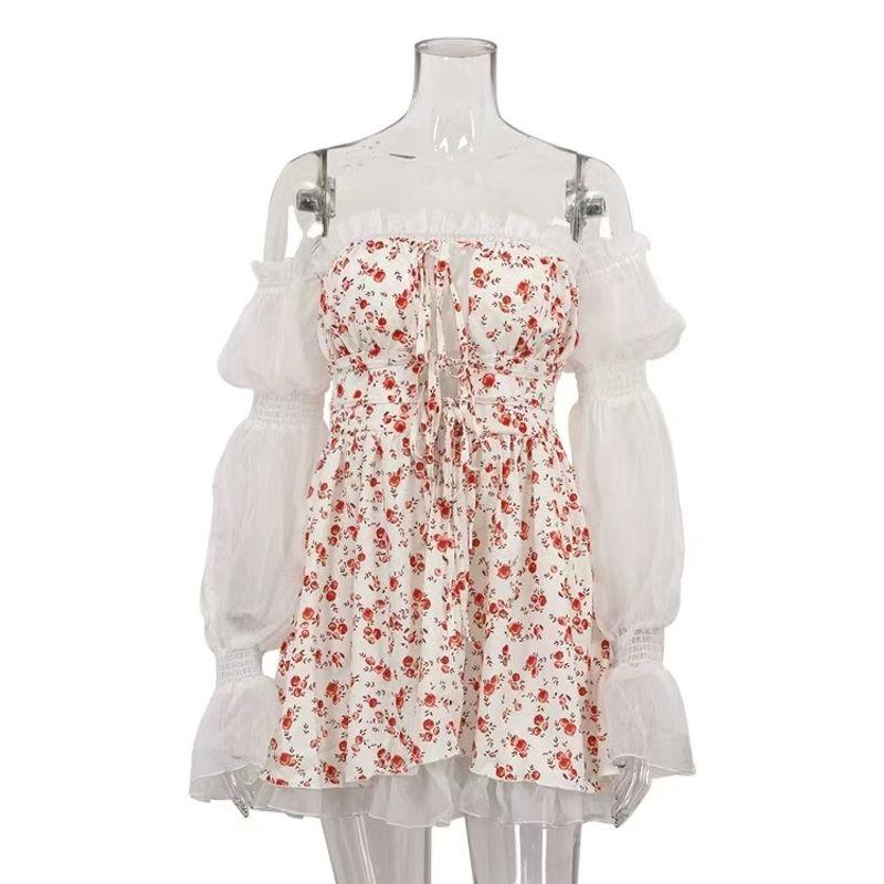 

Western Style Mesh Patchwork Print Dress Sexy Tube Top Short dress Printed Strapless Dress White S