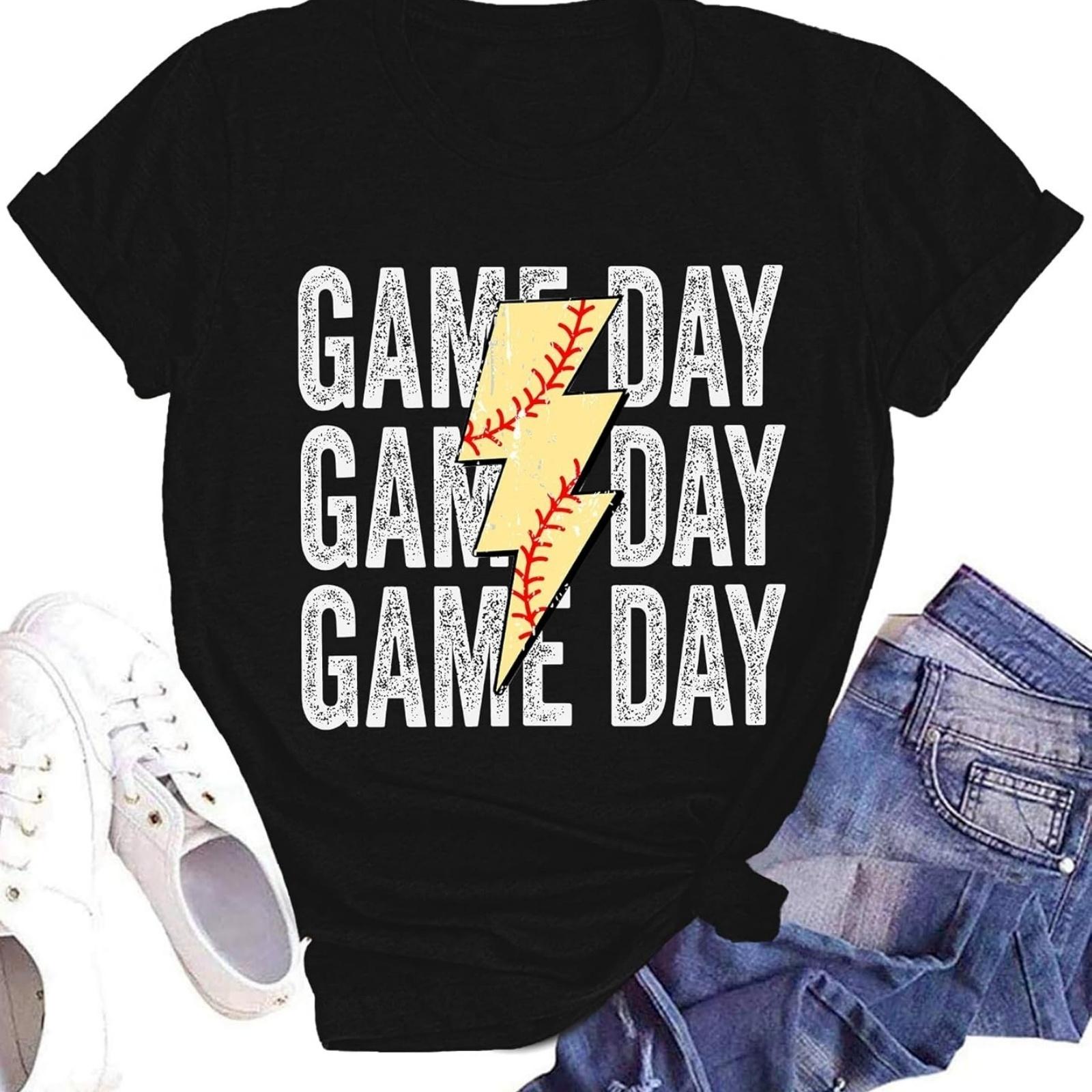 

Baseball Shirt Women Game Day Tshirt Softball Game Day Letter Print Lightning Graphic Short Sleeve XXXXXL різнокольоровий