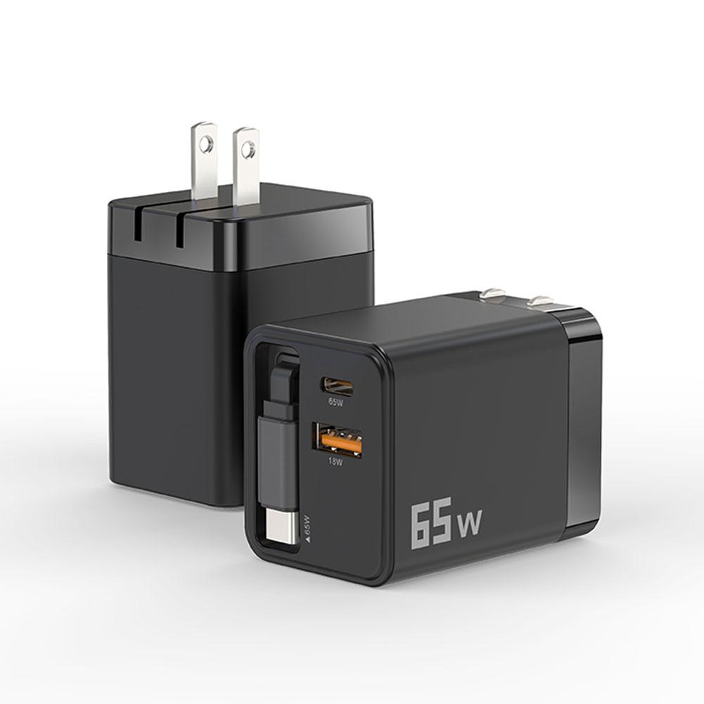 65W UK/US/EU GaN Phone Charger Adapter Built-in Retractable Charging Fast For IPhone Cable IPad E4S8