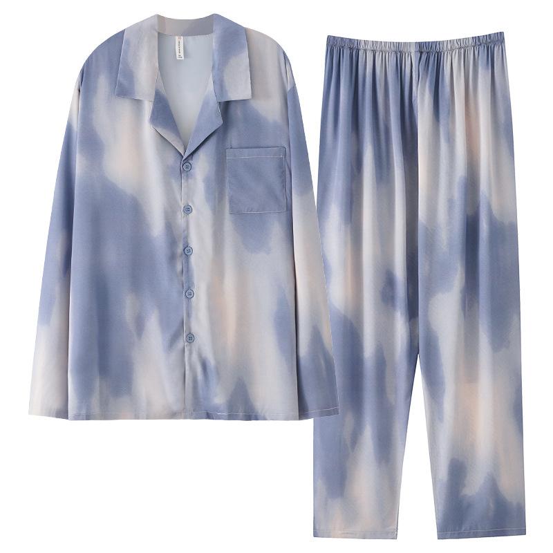 Pajamas Men'S Spring And Autumn Ice Silk Long Sleeve Thin Summer Simulation Silk Four Seasons Loungewear Suit