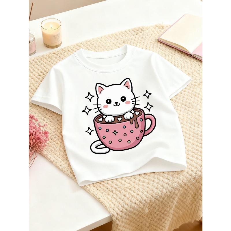 

European sizes Girls Casual Crew Neck T-Shirt | Comfortable, Slightly Stretchy Fabric, Perfect for Spring/Summer, Fashionable Random Print 164cm білий