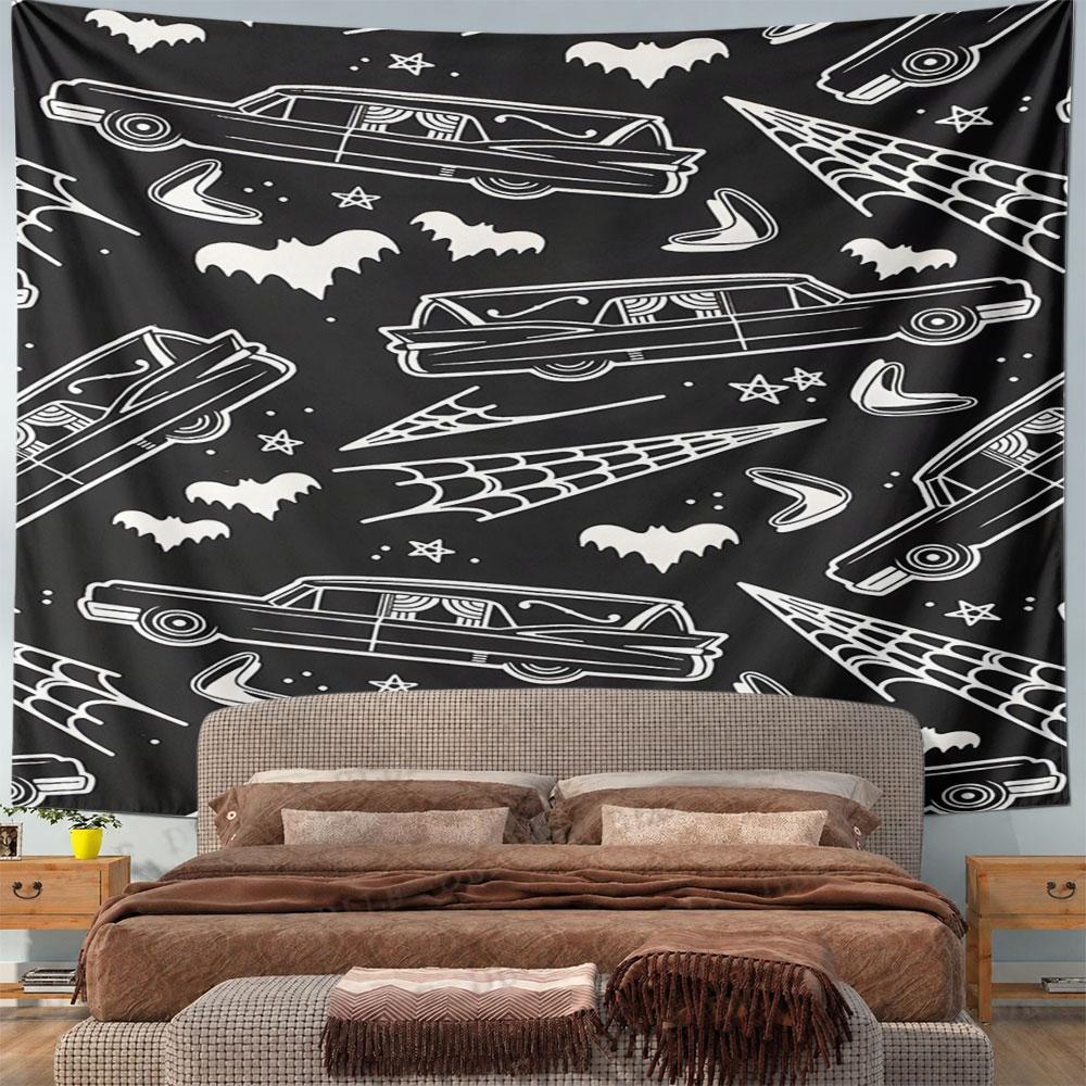 Retro Gothic Hearse and Bat Design Pattern Wall Hanging Tapestry Decorative Tapestry Home Decor for Bedroom and Living Room