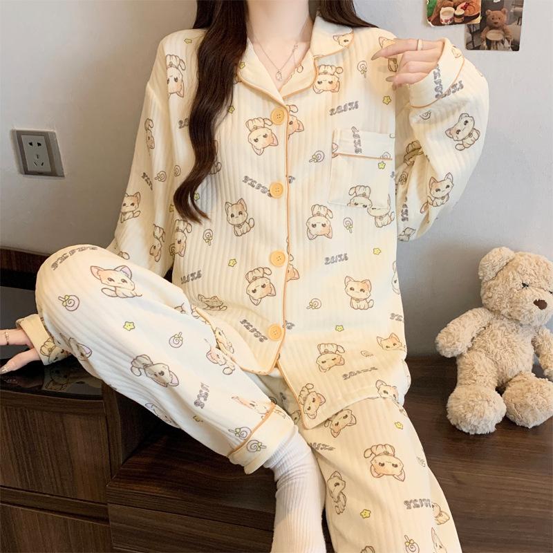 Air cotton pajamas women's autumn and winter long sleeves thickened interlayer warm stars cat student loungewear real shot