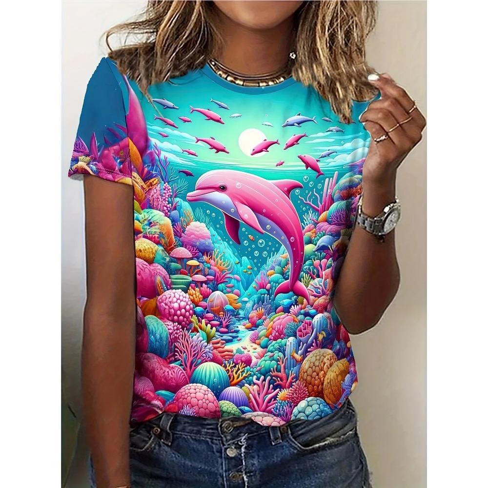 Summer New Women's 3D Digital Print T-shirt Loose Casual Round Neck Short-sleeved Creative Animal Print Top Y2K Streetwear