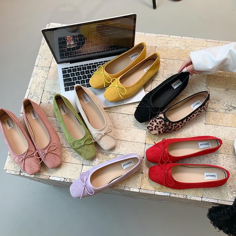 2025 retro small single shoes round head shallow mouth bow flat heel suede fashion shoes inner bow soft sole grandma shoes