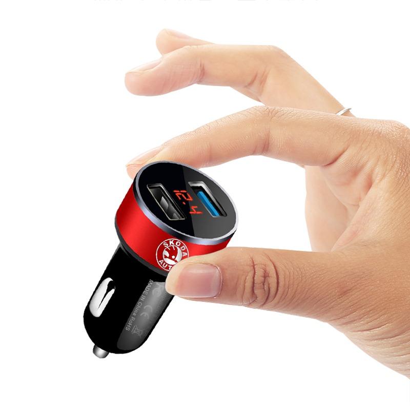Car Charger 2 USB Ports Fast Charging Digital Display Car Accessories For Skoda Octavia Superb Rapid Kodiaq Karoq Fabia Kamiq Roomster Citigo