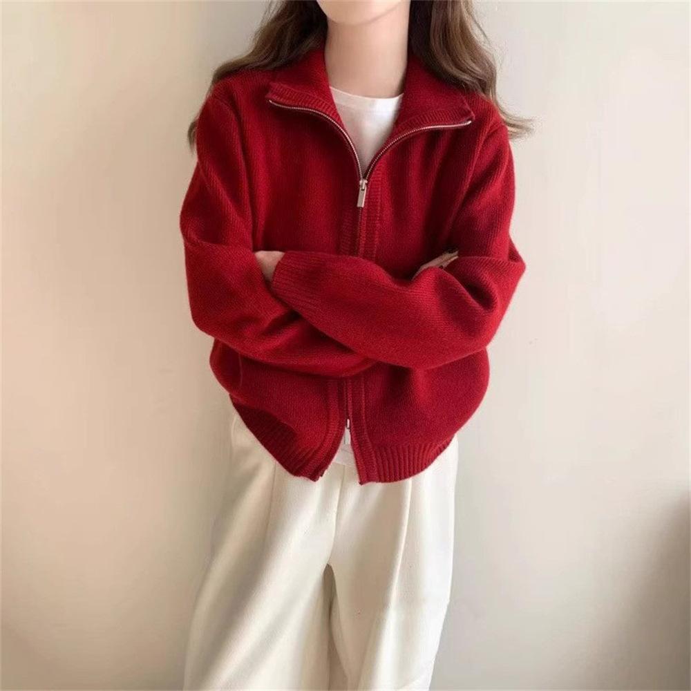 Korean Double-zipper Sweater Cardigan Jacket for Women, New Autumn and Winter Style, Laid-back Style, Soft and Loose Solid Color Knitted Sweater Top