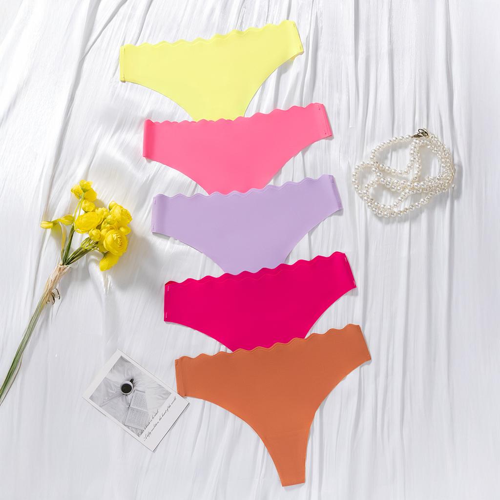 Women's Summer One Piece of Glue Solid Color Hollow Wave Waist Head No Trace Ice Silk Low Waist Underwear