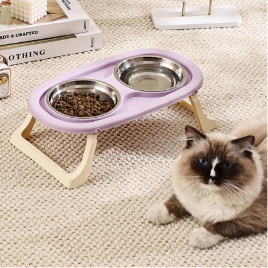 1PC Foldable Stainless Steel Pet Bowl Cat Food Bowl Cat Bowl Dog Food Bowl Neck Protection High Foot Double Bowl