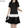ZANZEA Women Casual Round Neck Short Sleeve Pleated Hem Summer Dress