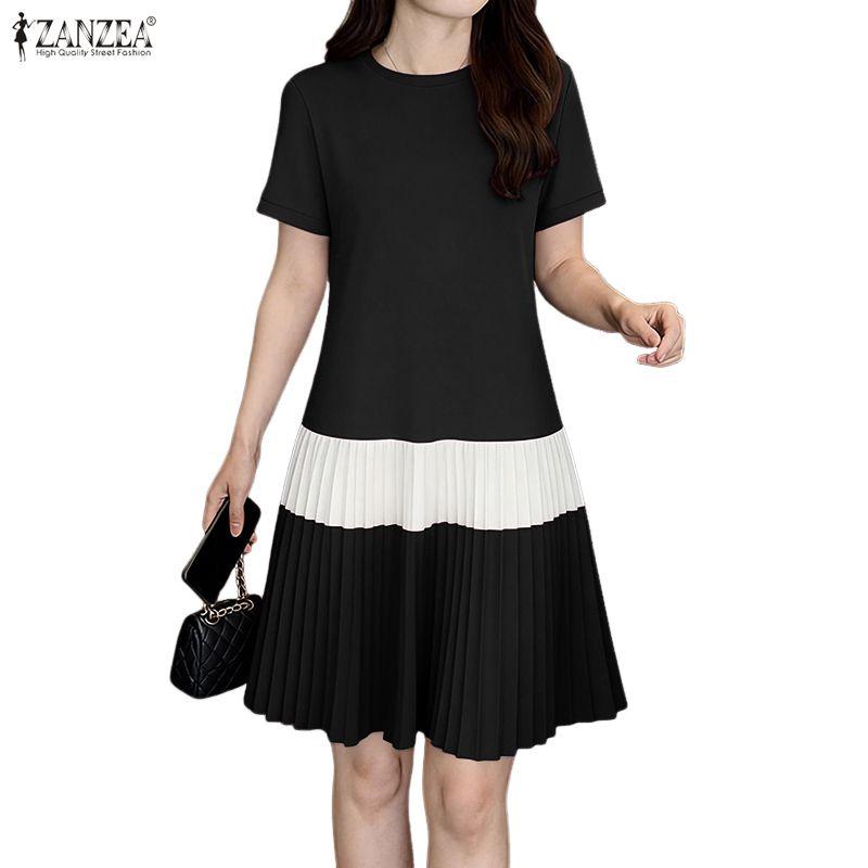 ZANZEA Women Casual Round Neck Short Sleeve Pleated Hem Summer Dress