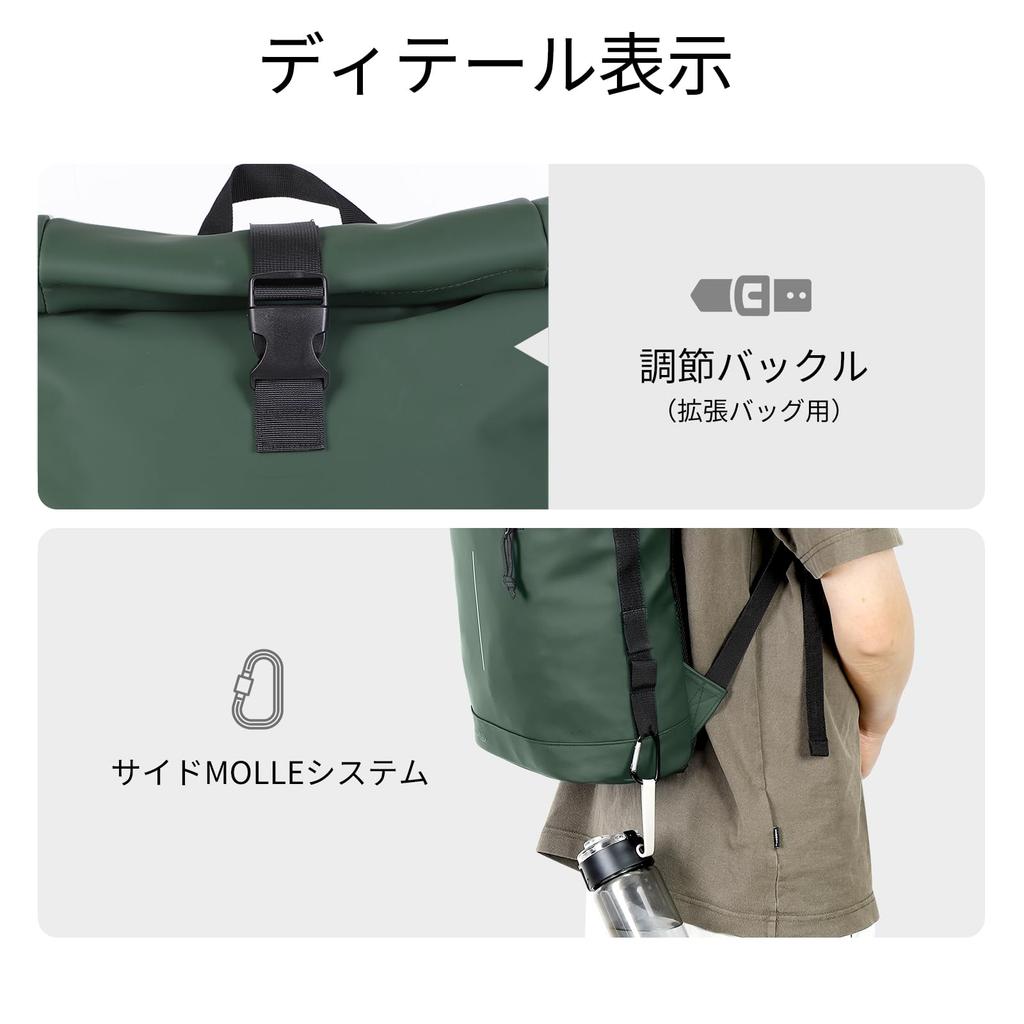 Fits Back Ventilated Side Suitable for Multifunctional Green [Lekesky] Roll-Top Backpack, Waterproof, Expandable, 18-25L, 17-inch Laptop, Lightweight,