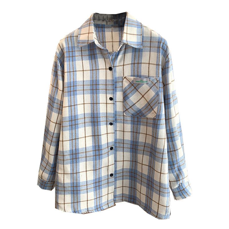 Spring Literary Loose Brushed Plaid Lapel Long Sleeved Shirt Women's Shirt Top
