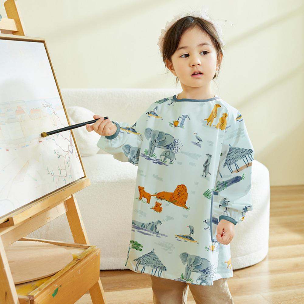 Kids Waterproof Apron Rabbit Print Long-Sleeve Stain-Resistant Art Smock for Boys Girls Bibs Easy Clean Children Painting Aprons